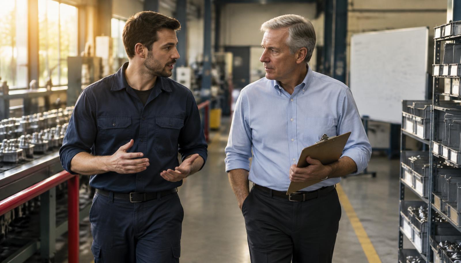 An experienced executive listening to a floor supervisor while walking through a manufacturing facility