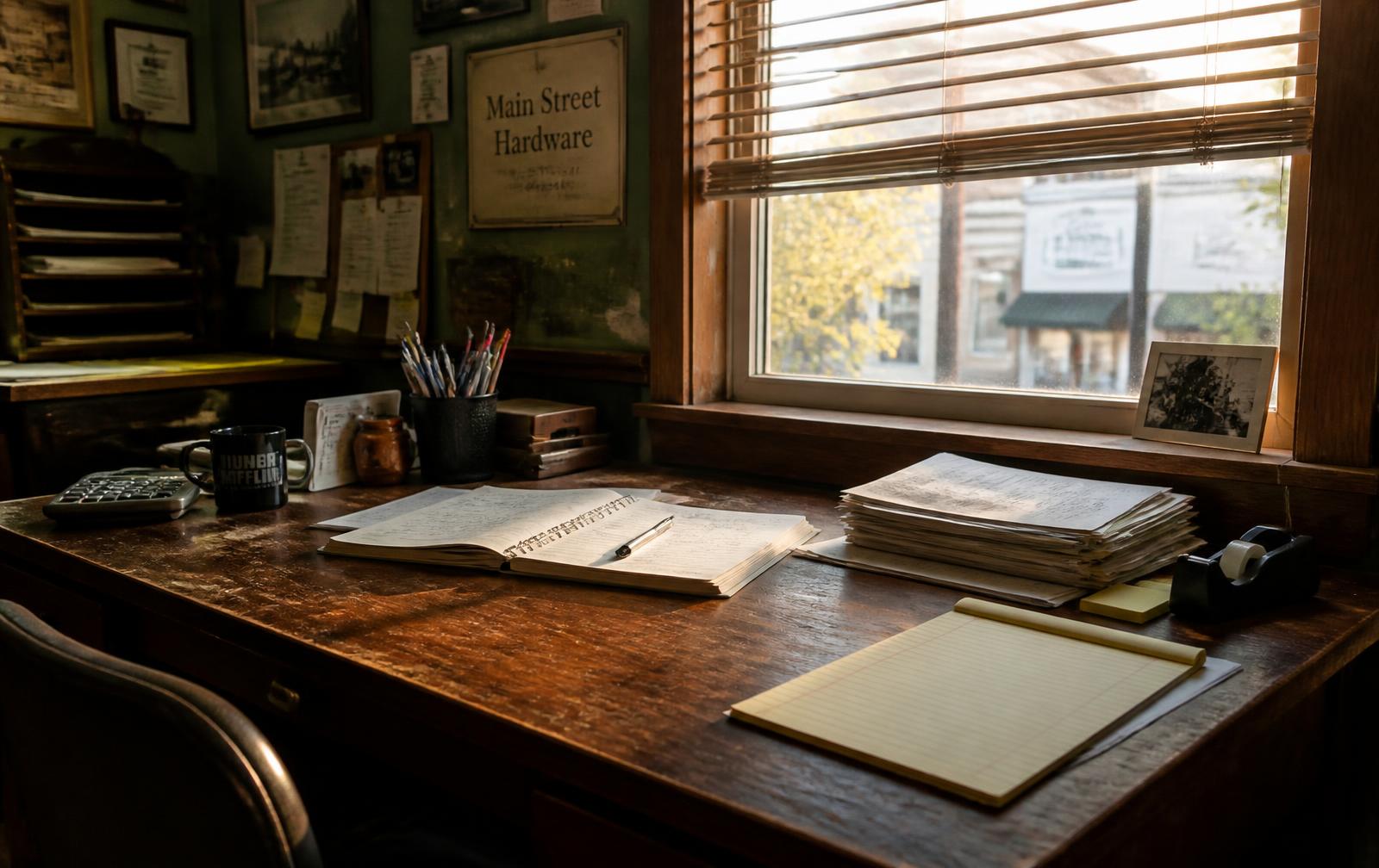 A worn wooden desk in a small business office with paperwork and afternoon light