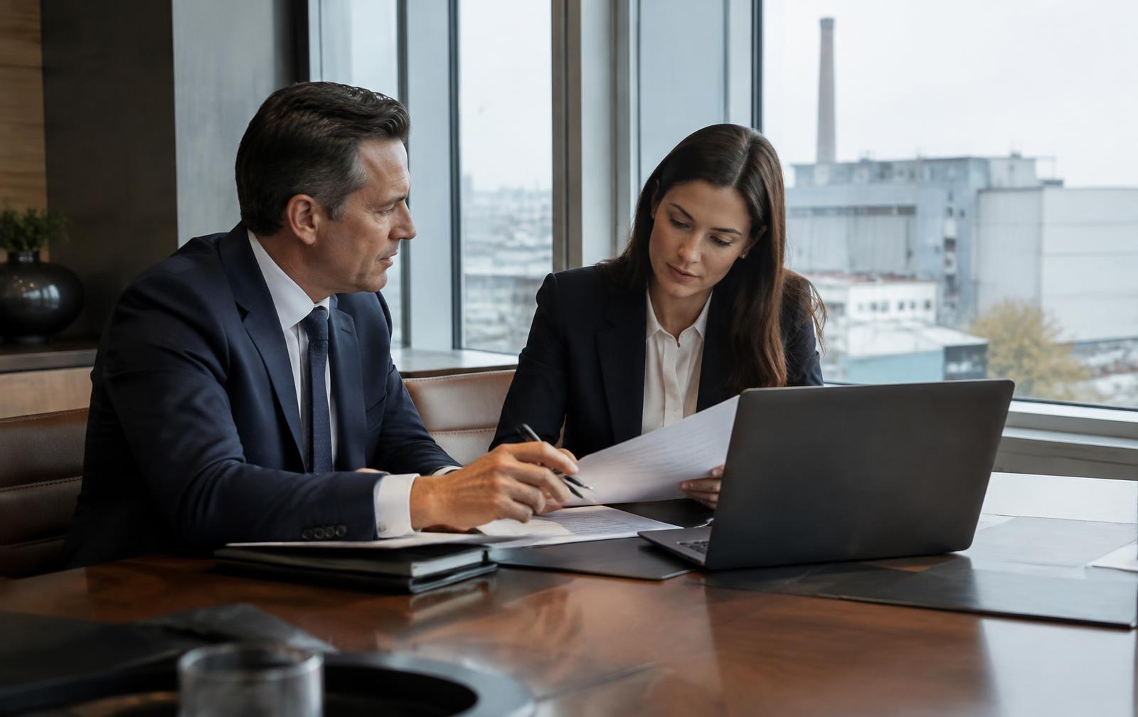 Two executives reviewing documents in a conference room overlooking an industrial building