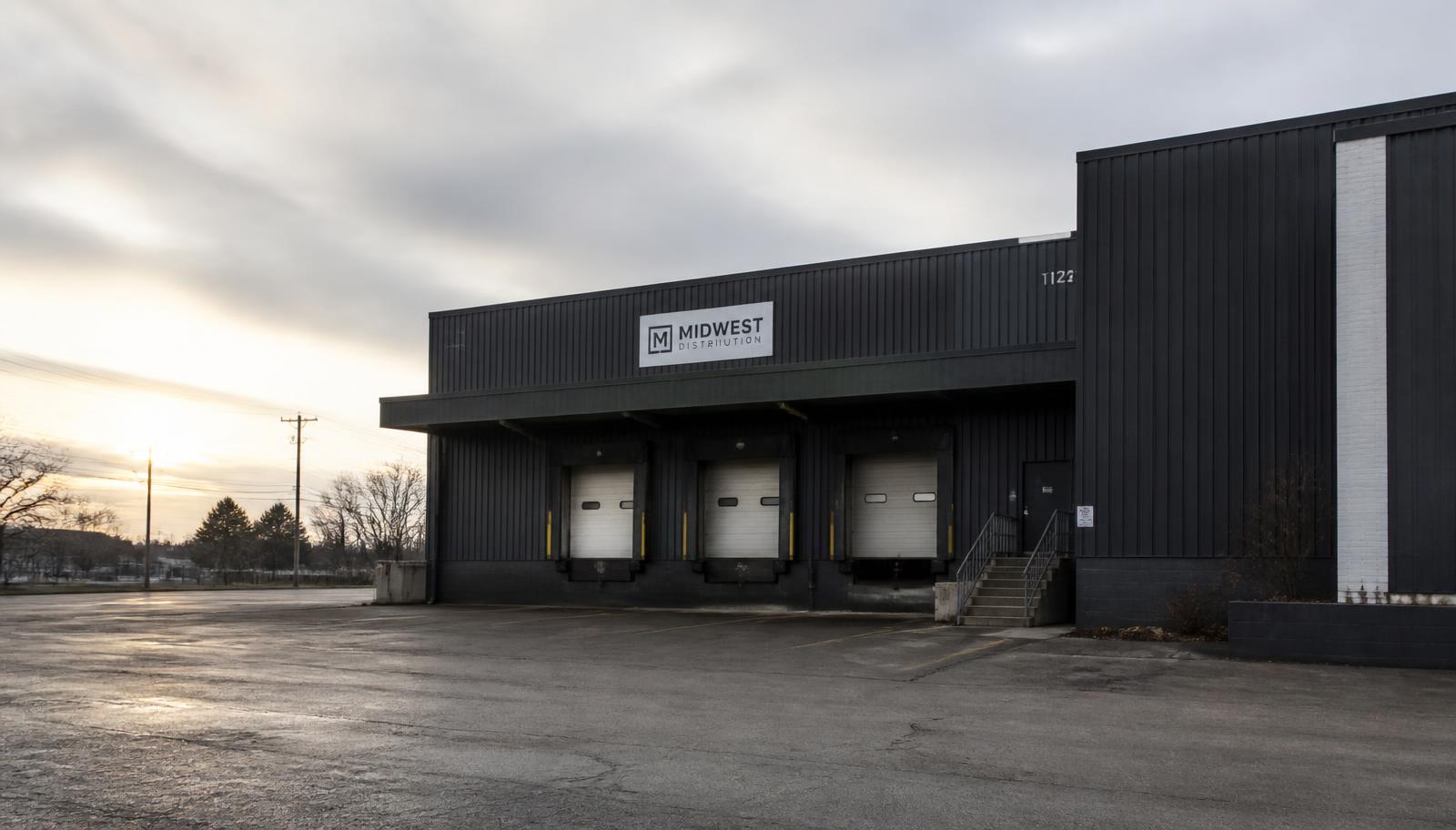 Midwest industrial warehouse and loading dock at dawn